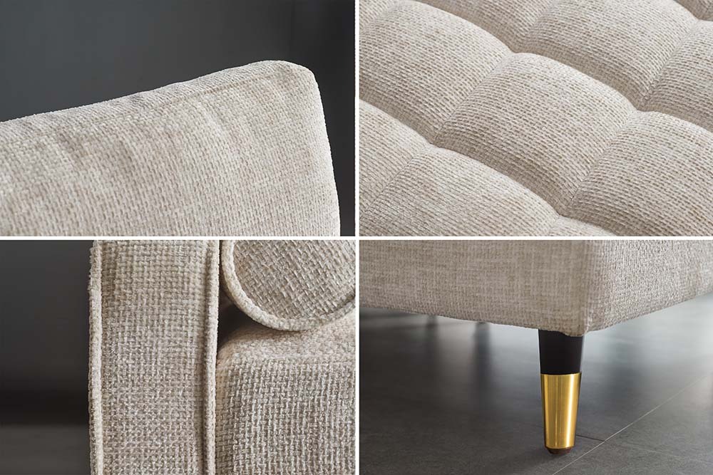 Design Sofa COZY VELVET 220cm beige Chenille Federkern 3-Sitzer mit goldener Kappe
