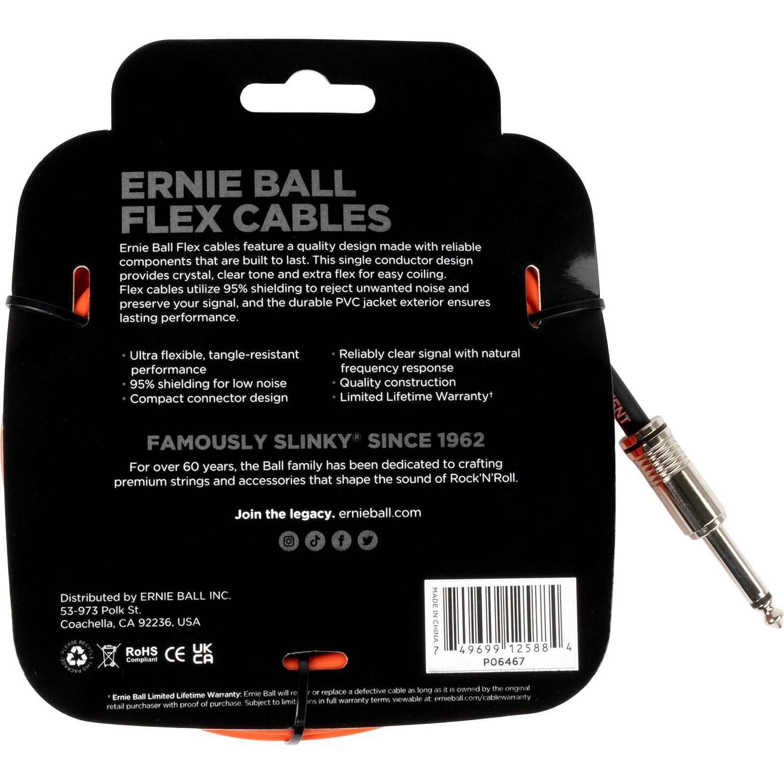 Ernie Ball 6467 Flex 6 meter instrumentkabel oranje haaks - recht