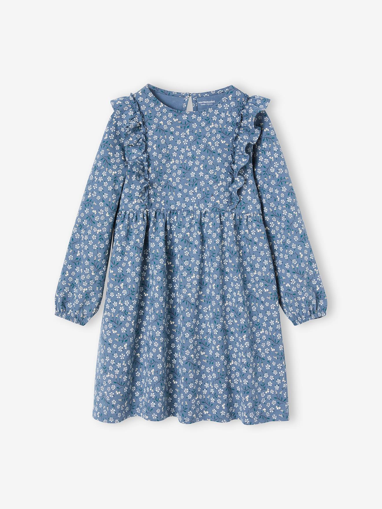 Vestido off-white com estampa floral e mangas com babados para meninas.