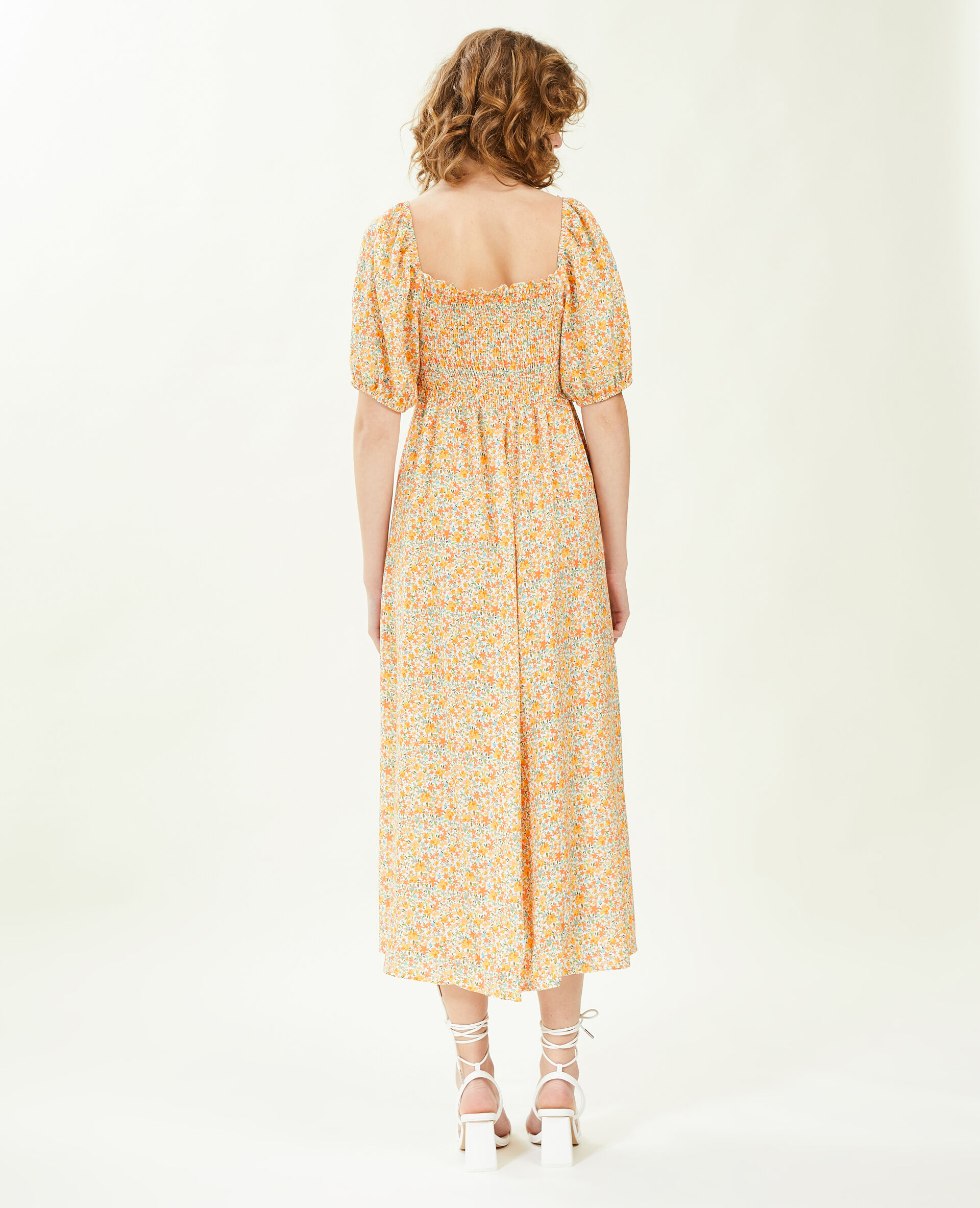 Robe midi manches ballons motifs fleurs - Blanc