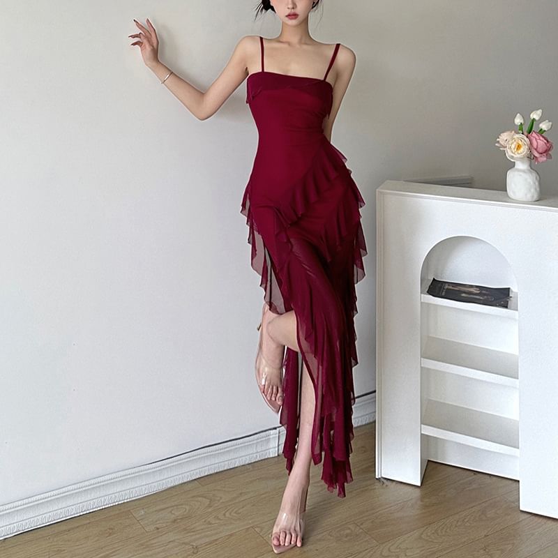 Sugarcoat - Spaghettibandjes, effen, geplooide mesh maxi-jurk met split