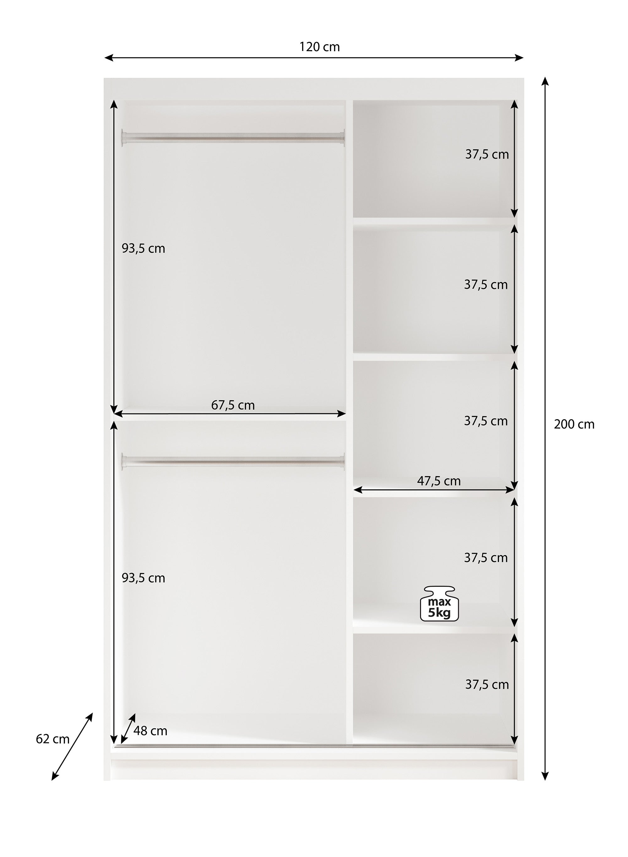 Mandalin - Kledingkast met schuifdeuren - Zwart - 120x62x200 cm