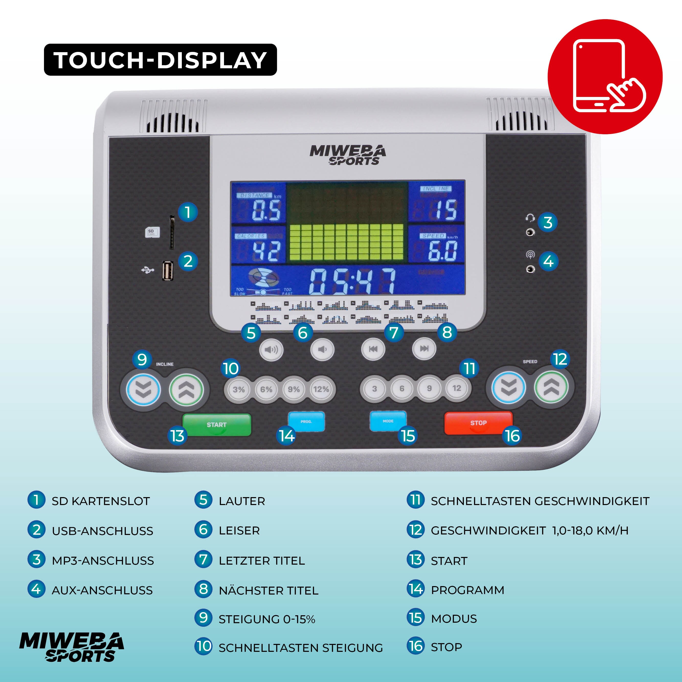 Miweba Sports Laufband Home Track HT5000, mit Steigung, 2000 Watt, große Lauffläche, 1-18 km/h (Schwarz)