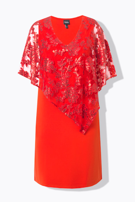 Kleid, Überwurf, Pailletten, V-Ausschnitt, 3/4-Arm, hellrot