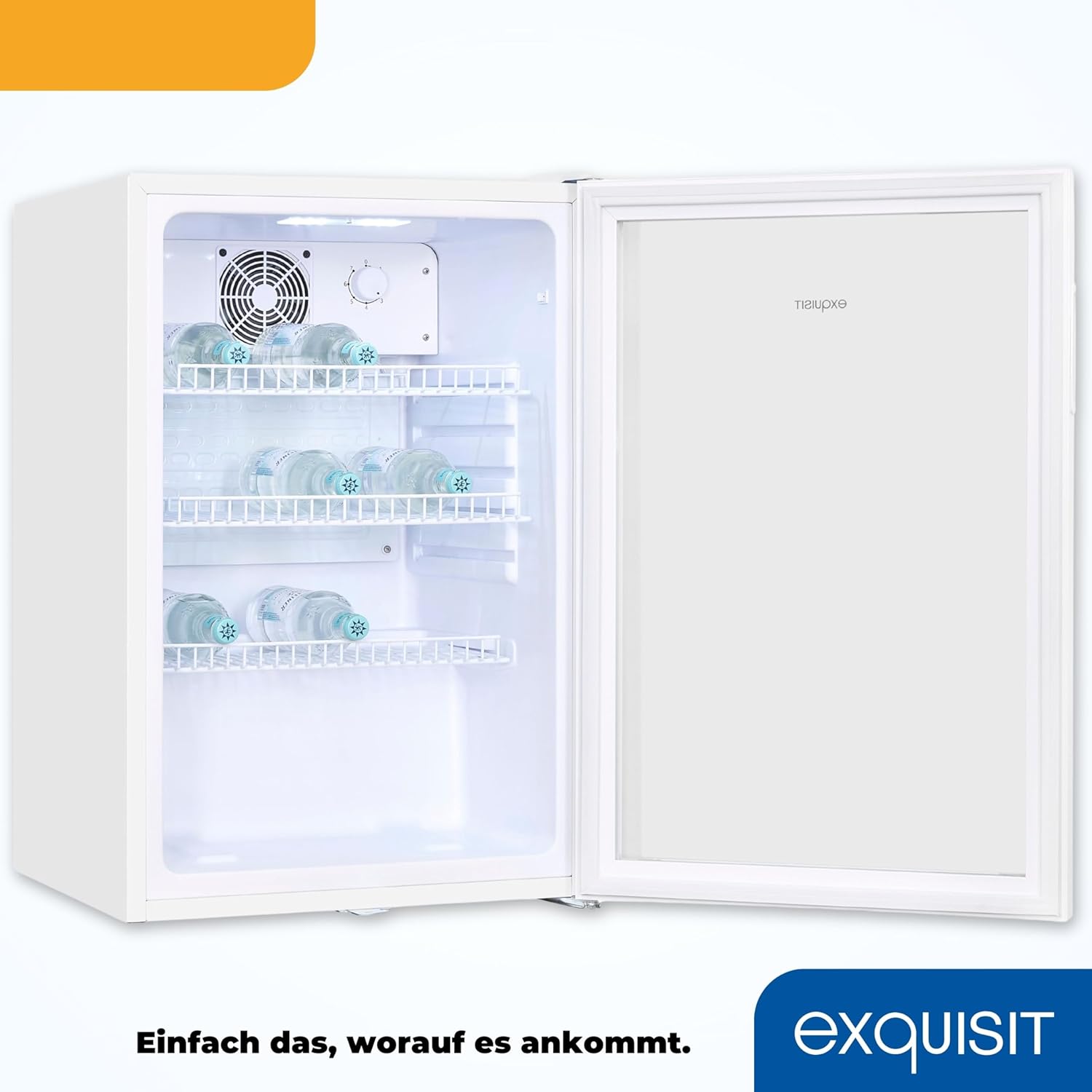 Exquisit Glastürkühlschrank GKS120-GT-160C weiss | Nutzinhalt: 118 L | Türschloss | 3 Gitterablagen | Umluftventilator | Standgerät