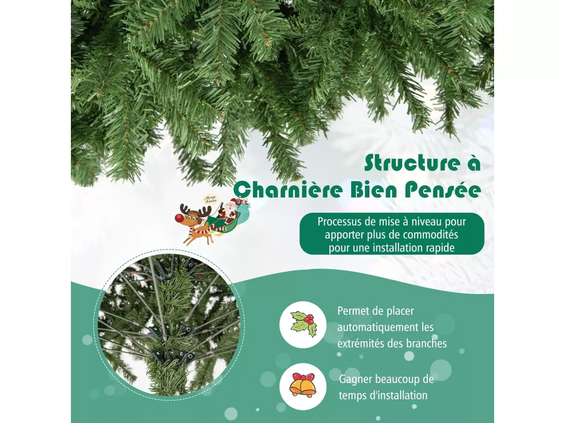 Sapin de noël artificiel 225cm, aiguilles en pvc avec 1346 branches pied métallique solide, arbre de noël idéal pour maison,bureau,magasins hôtels, vert