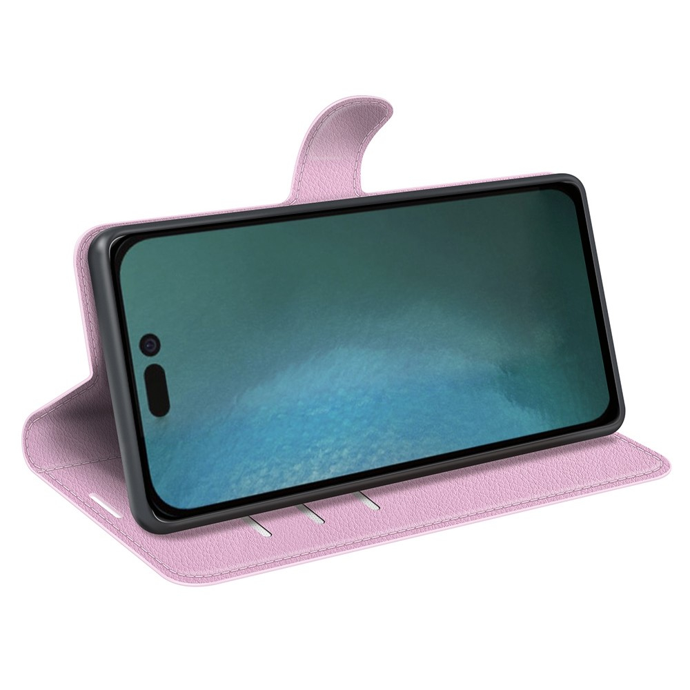 iPhone 14 Pro Leder Tasche Flip Cover Litchi Look - Rosa