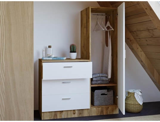 VENTE-UNIQUE - Commode 3 tiroirs avec armoire et miroir - blanc et naturel...