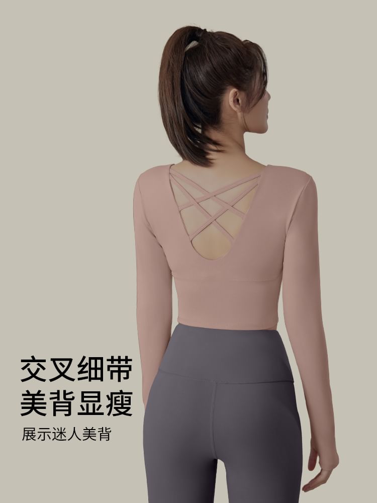 FAYE - Sportshirt met lange mouwen, ronde hals, open rug en effen kleur / Yogalegging met hoge taille / Set