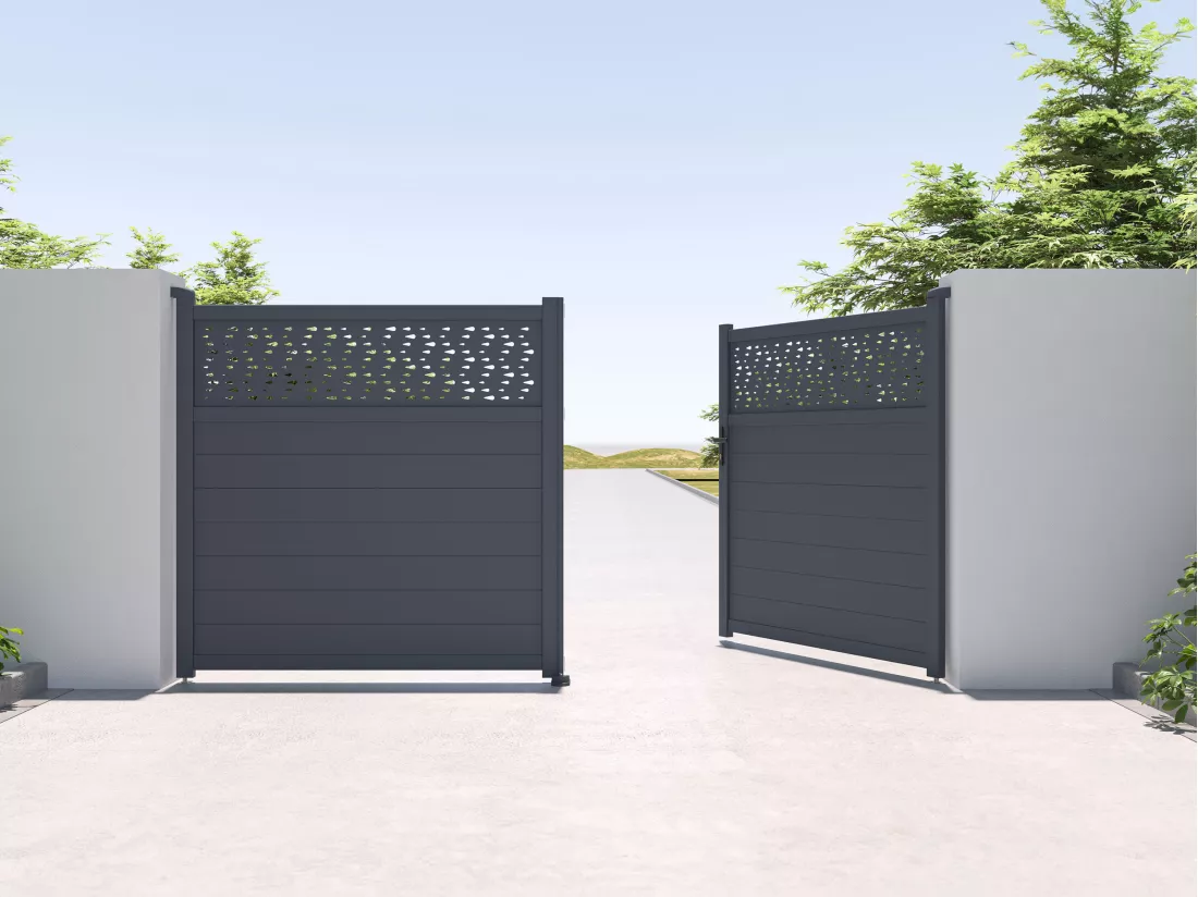 Portail battant aluminium semi plein à motifs L355 x H181 cm anthracite - BAZIO