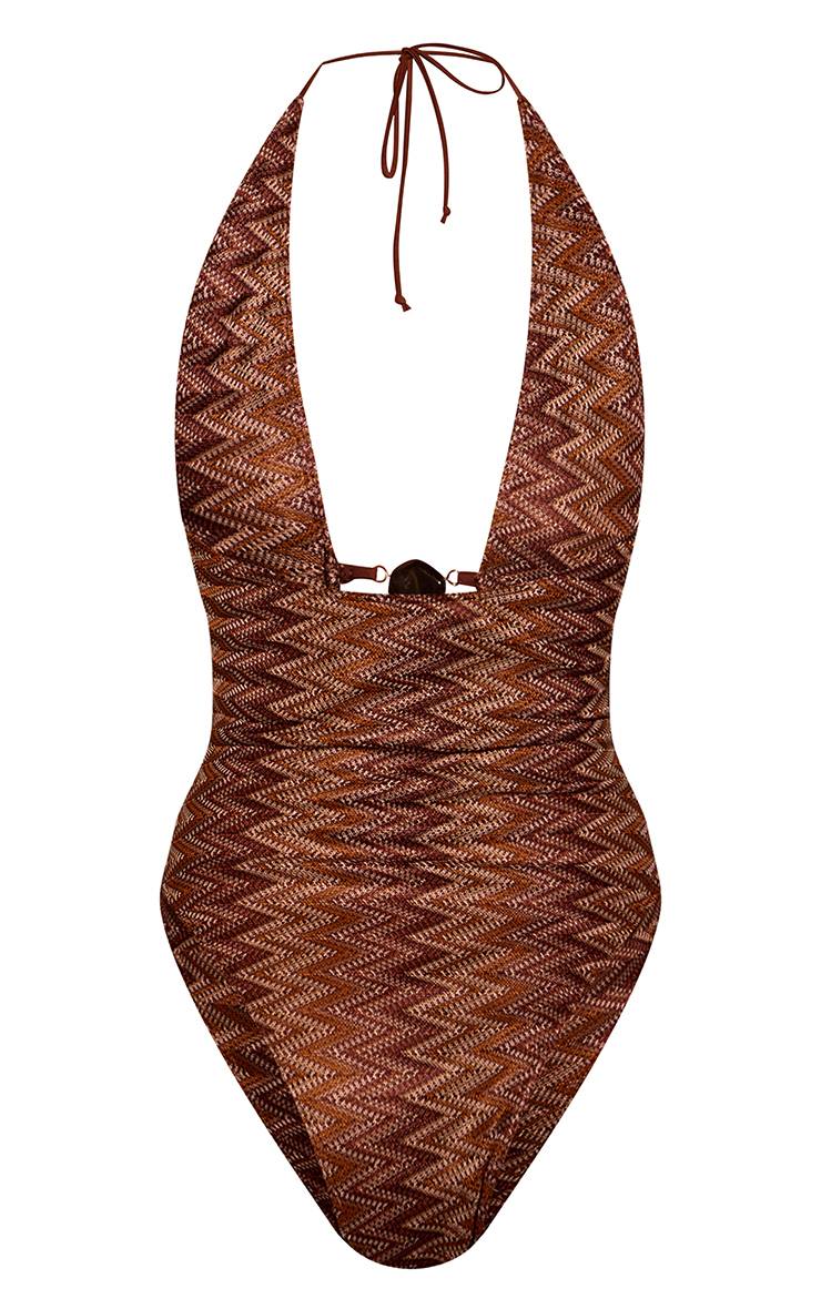 Marron Maillot De Bain Échancré En Jacquard