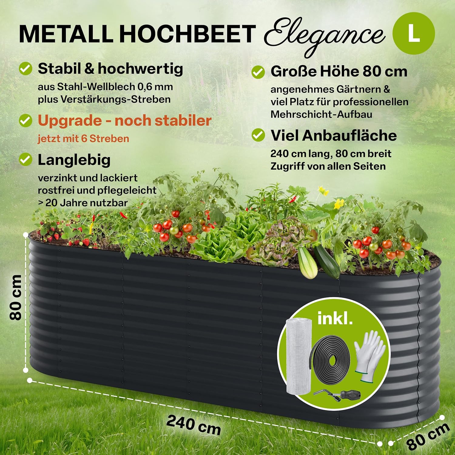 TTL GARDEN 240x80x80cm Elegance L Metall Hochbeet Anthrazit - Stahl rostfrei verzinkt & grau lackiert Wellblech ovale Form sehr stabil Garten Beet für Gemüse Kräuter Blumen Gartenbeet Gemüsebeet