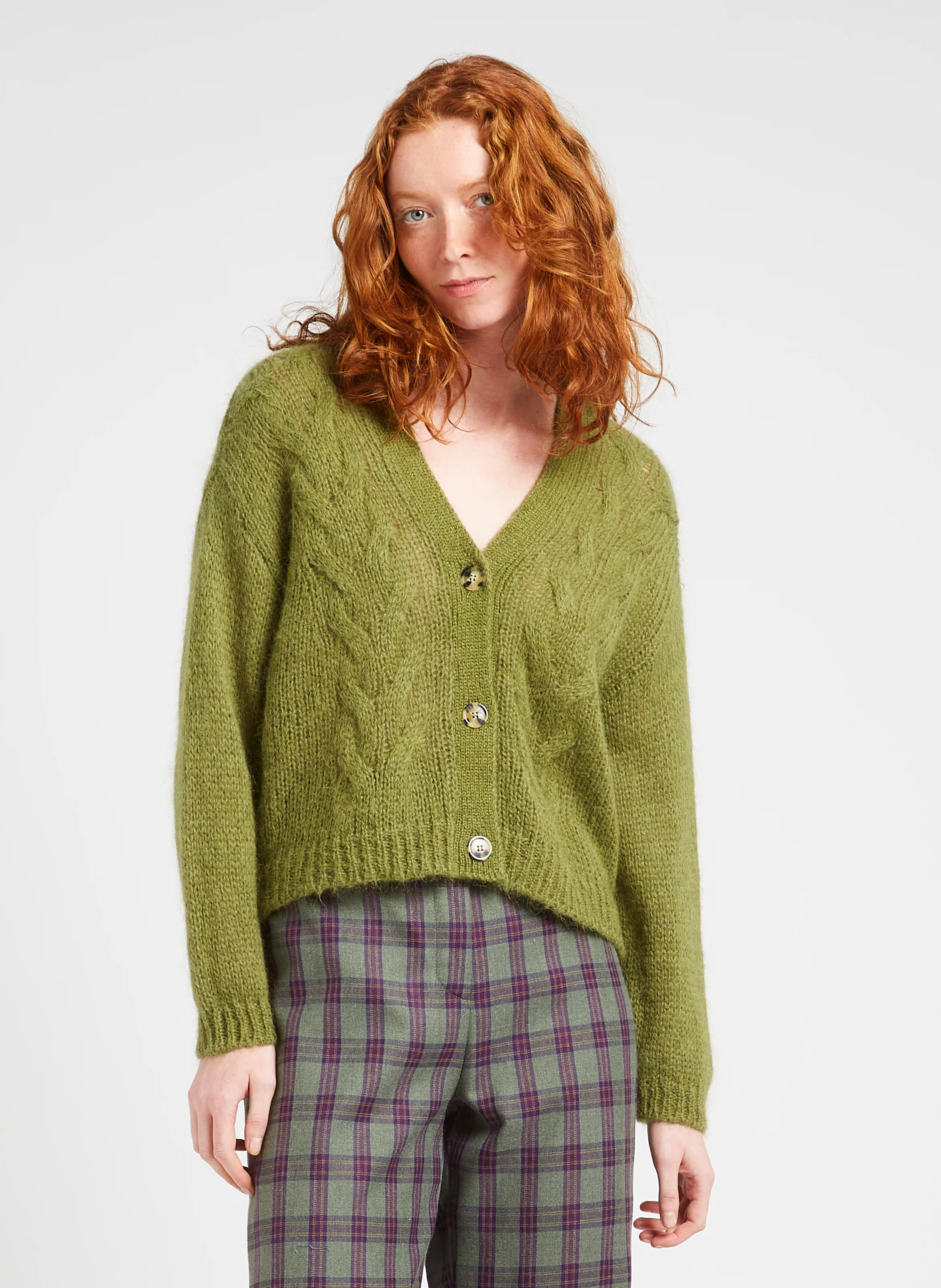 SIRIKA - Cardigan col V en laine mélangée | Kaki
