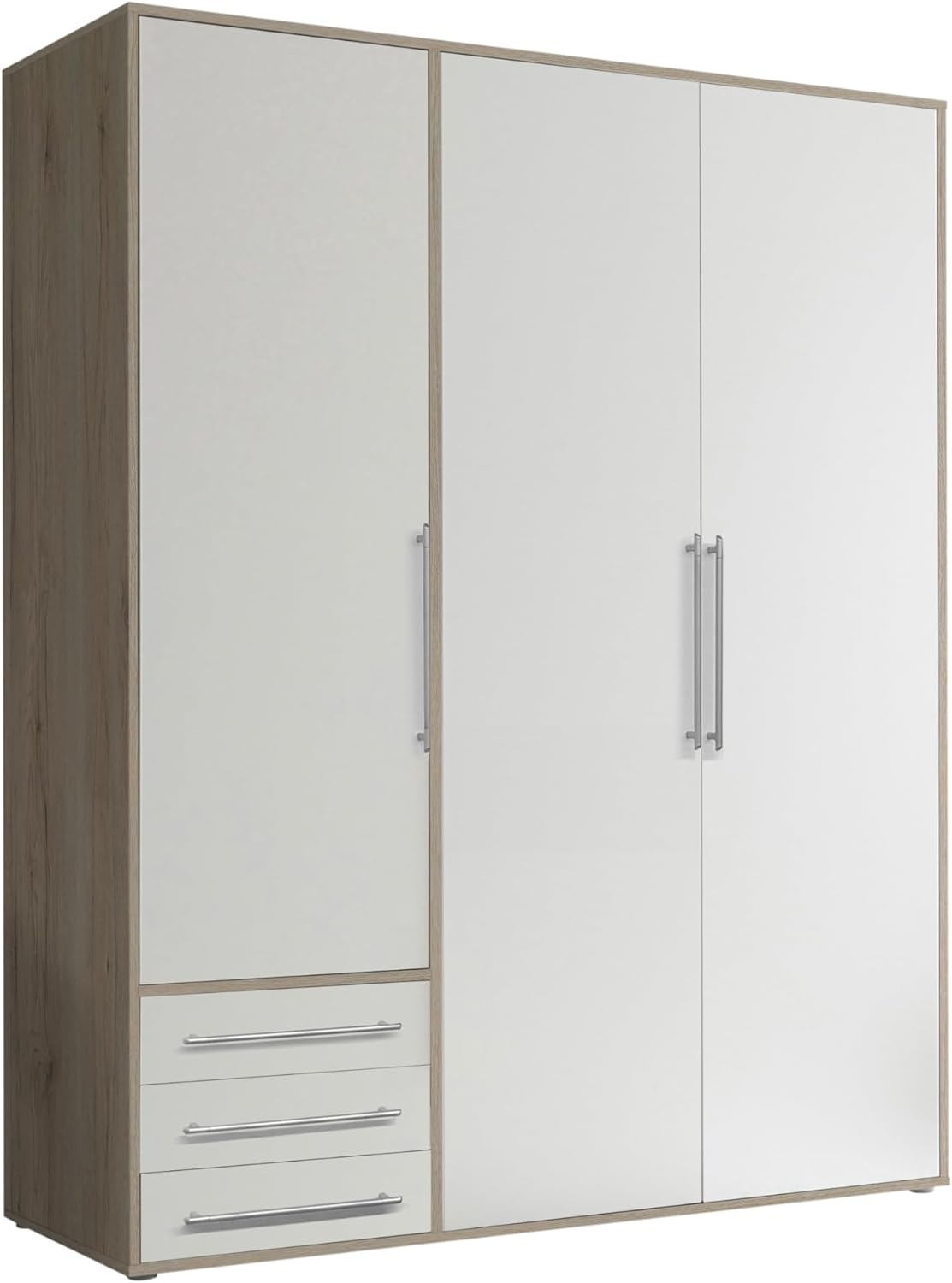 Stella Trading LYSS Kleiderschrank weiß mit Schubladen - Vielseitiger Schlafzimmerschrank 3-türig in Weiß, Eiche San Remo Nachbildung - 155x 194 x 58 cm (B/H/T)