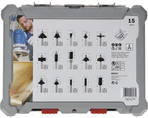 15-delige freesset, 8 mm schacht. 15-delige freesset voor gemengde toepassingen.