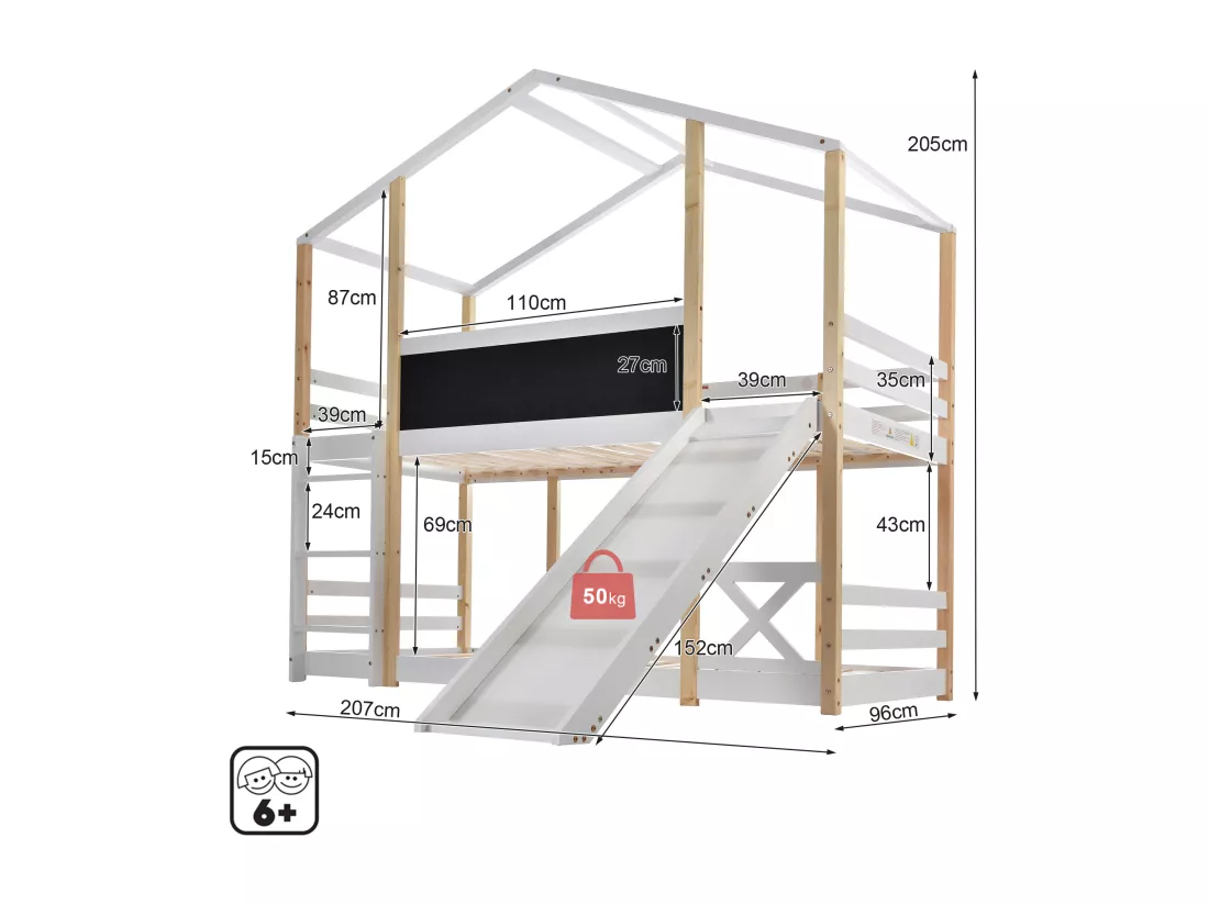 Lit superposé cabane - 2 x 90 x 200 cm - pin et MDF - toboggan, échelle et sommier à lattes - coloris: naturel et blanc