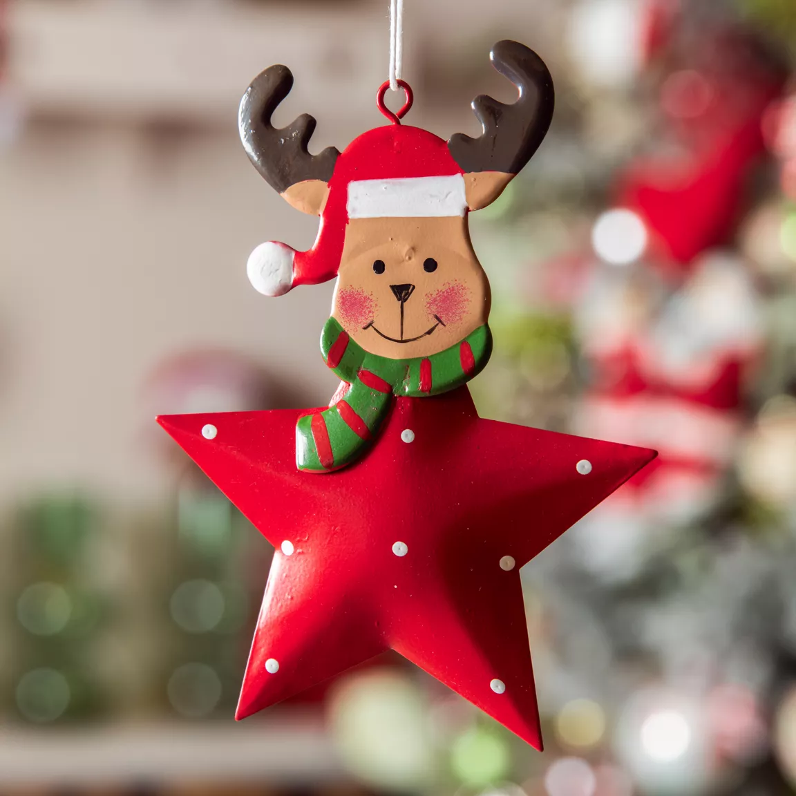 Renne de Noël à suspendre en métal (H12 cm) Étoile et pois Rouge