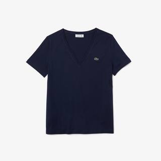 T-shirt à col V loose fit en coton uni T-Shirts - Bleu - Lacoste - Femme
