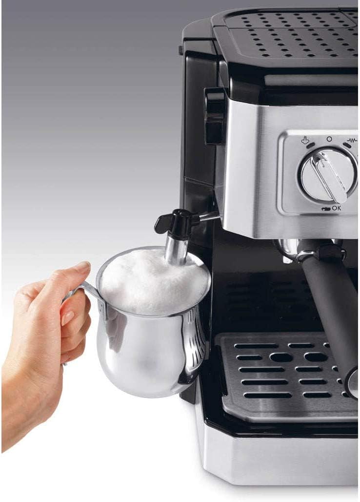 De'Longhi Kombikaffeemaschine BCO 421.S – Kaffeemaschine mit Espresso-Siebträger und Filterkaffee-Funktion inkl. Milchaufschäumdüse, Glaskanne & Wasserfilter-System, 1 l, Edelstahl/Schwarz, single