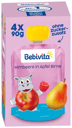 Bebivita Quetschbeutel Frucht Himbeere in Apfel Birne, 4x90g