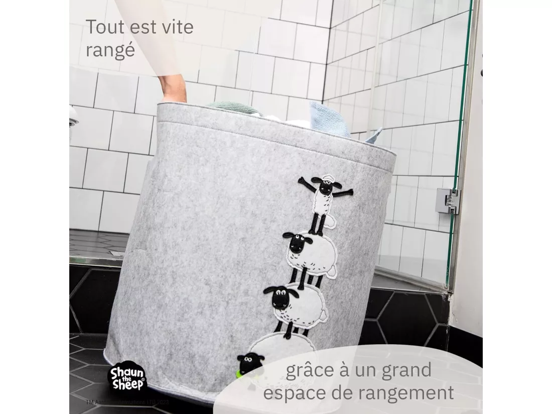 Panier à linge sale gris en feutre motif 4 moutons Lifeney Shaun le mouton