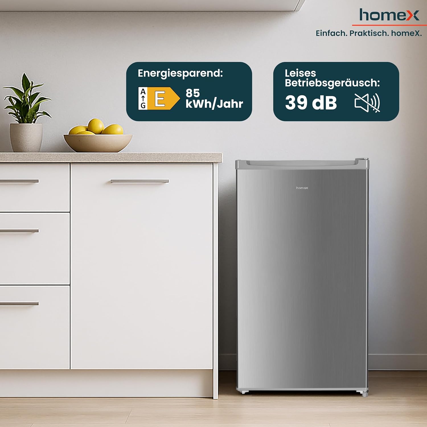 homeX Kühlschrank ohne Gefrierfach, Vollraumkühlschrank klein - 88L Nutzinhalt, freistehend und kompakt, Tischkühlschrank leise 39 dB, Fridge mit LED-Innenbeleuchtung und Temperaturregelung, silber