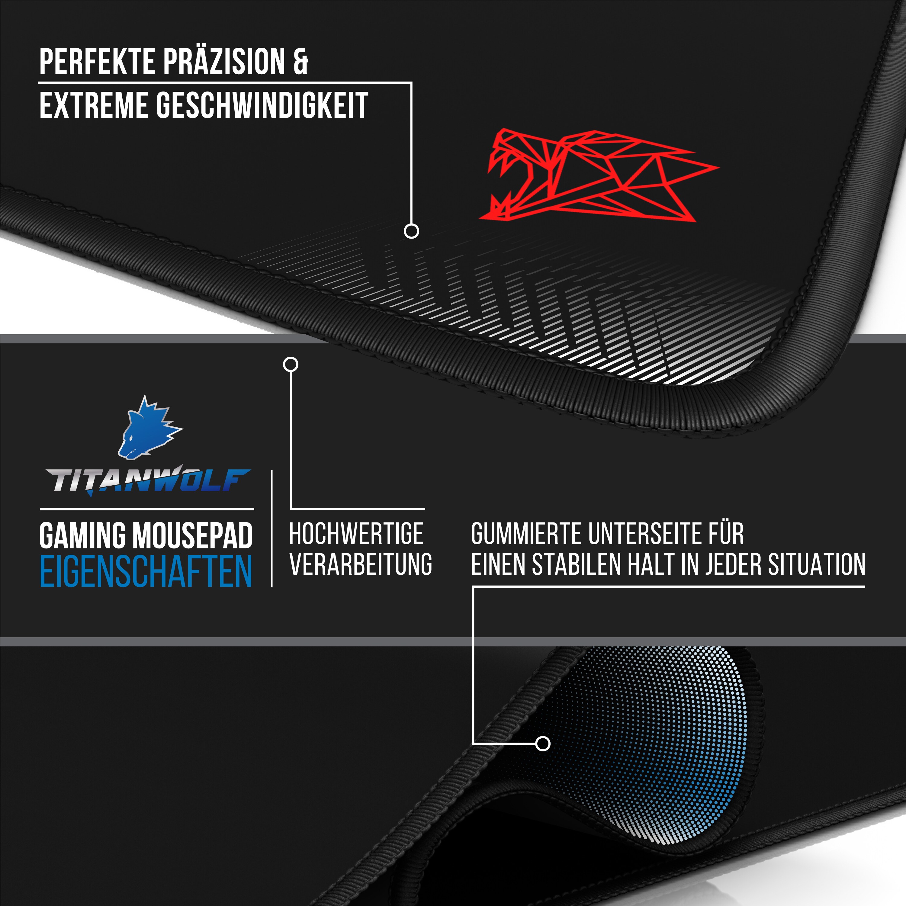 Titanwolf Gaming Mauspad, XXL Speed Gaming Mousepad / Extragroße Fläche von 900 x 400mm, Icon rot