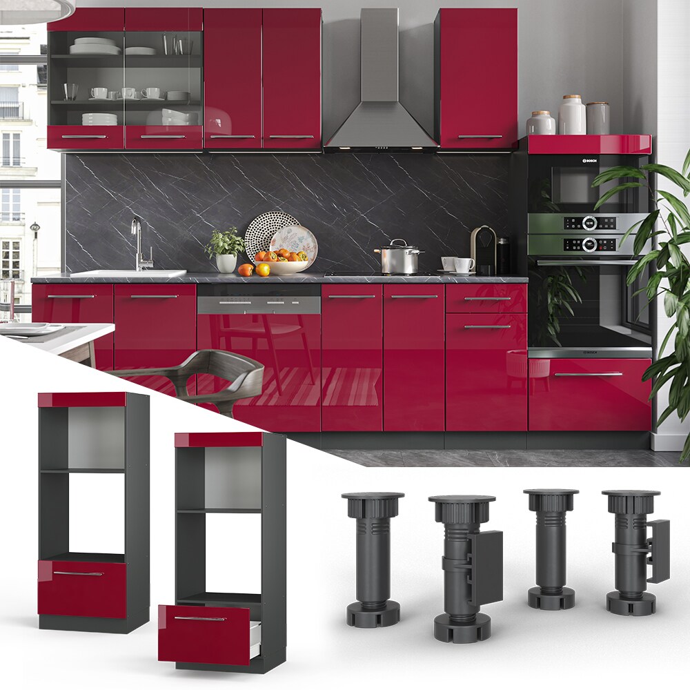 Vicco Mikrowellenumbauschrank Küchenschrank Küchenmöbel Fame-Line Anthrazit Bordeaux Rot 60 cm modern Hochglanz Küche Einbauküche Blende Hochschrank Schublade Mikrowelle Backofen Küchenzeile