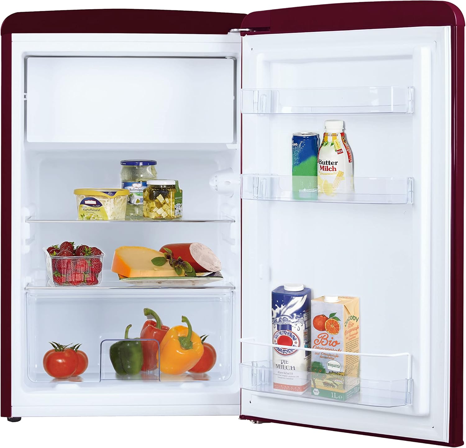 Amica KS 15611 R Retro Kühlschrank mit Gefrierfach / Wine Red (Weinrot) / 88cm (H) x 55cm (B) x 62cm (T) / Retro-Design