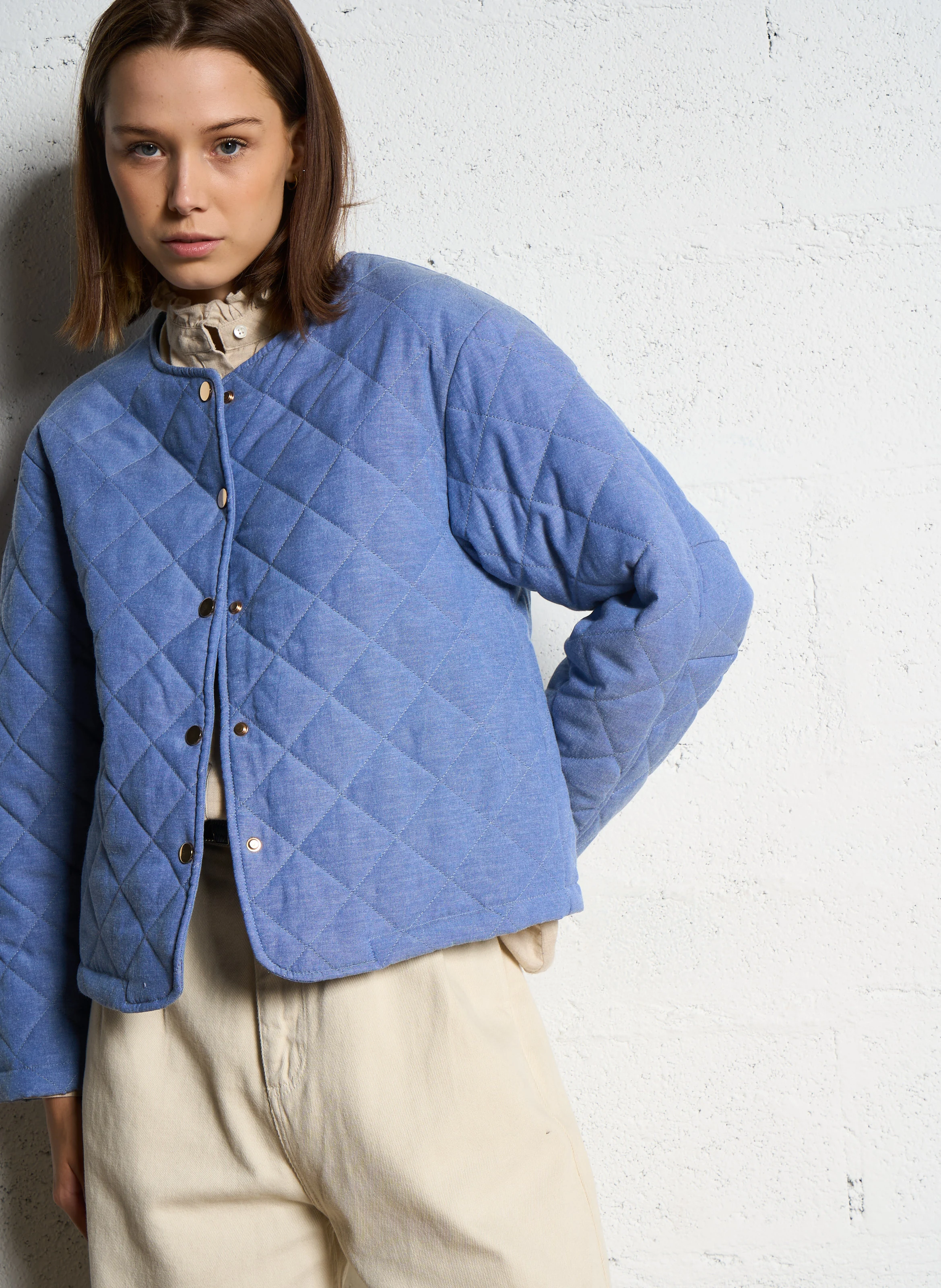 FLORENT - Veste col rond en coton mélangé | Bleu