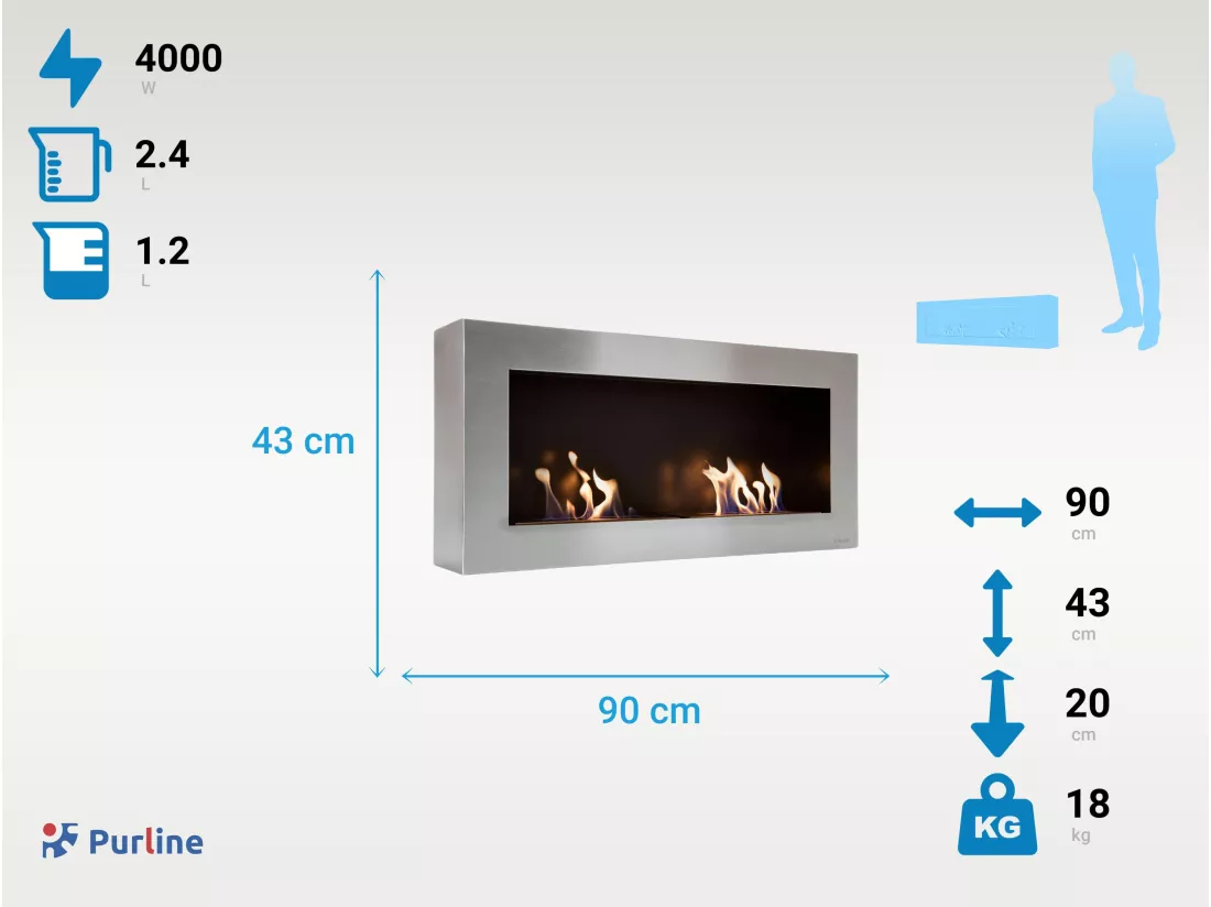 Cheminée murale à l'éthanol à double flamme en acier de grande largeur