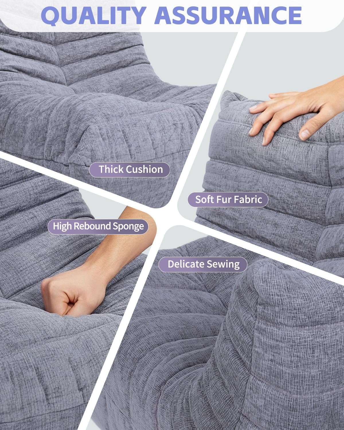 Hochdichtem Foam Sitzsack Sofa, Bodensofa aus Chenille Stoff mit Rückenlehne, Lesesessel für den Innenbereich, Lazy Sofa für Wohnzimmer & Schlafzimmer (Grau)