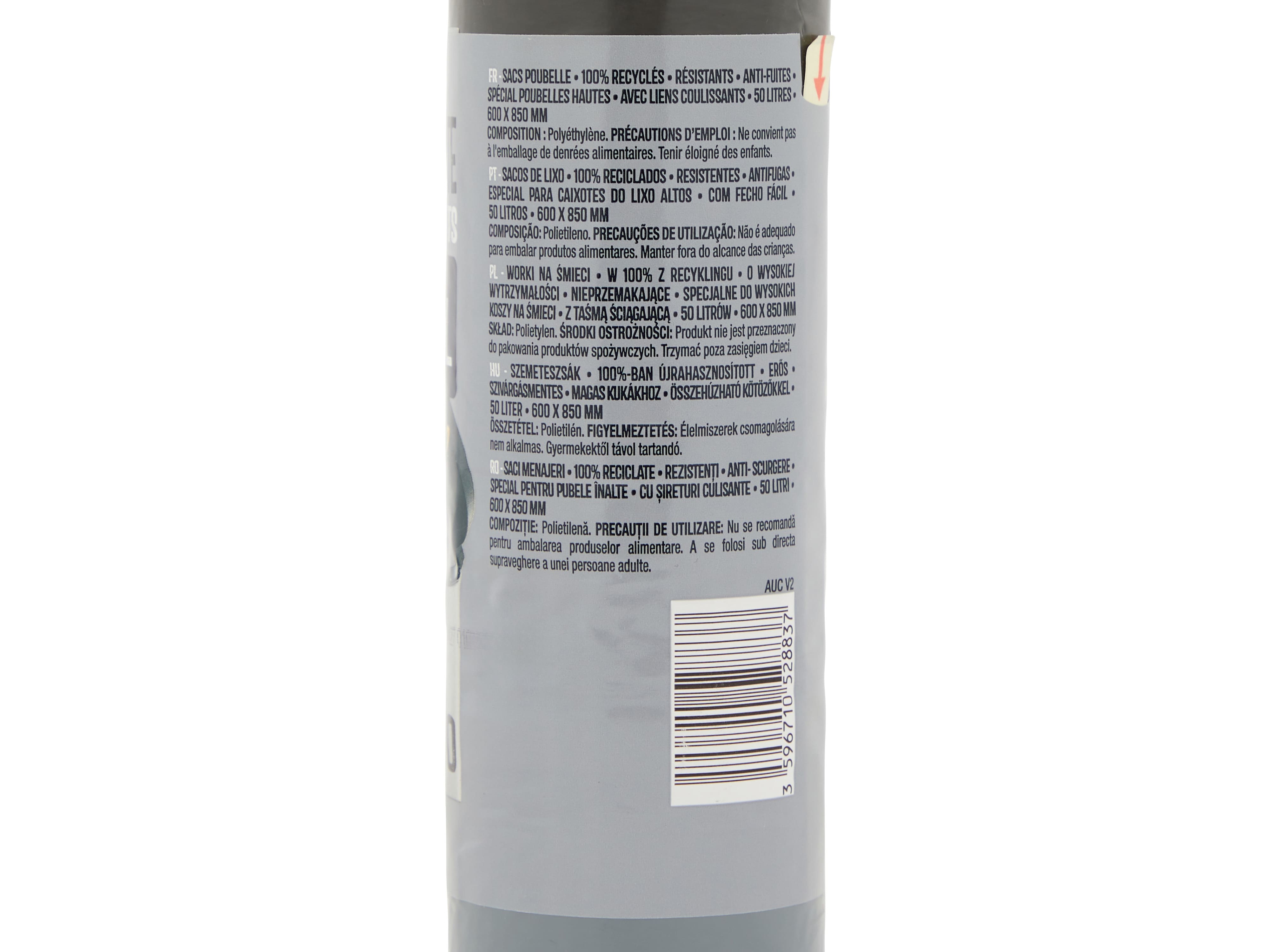 SACO DE LIXO AUCHAN ALTOS FECHO FÁCIL 100% RECICLADOS 50L 10UN