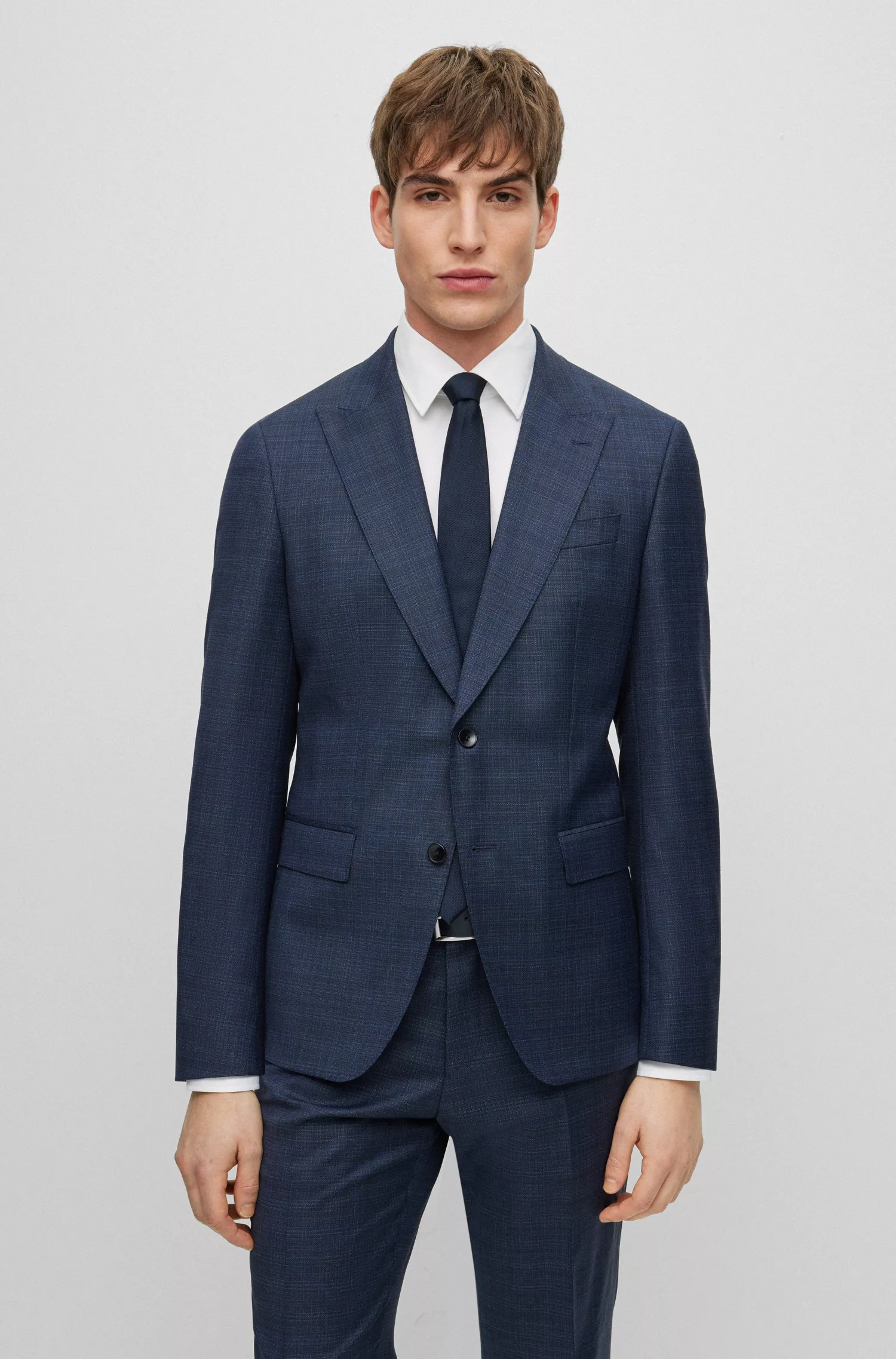 Terno BOSS preto slim fit em lã elástica estampada
