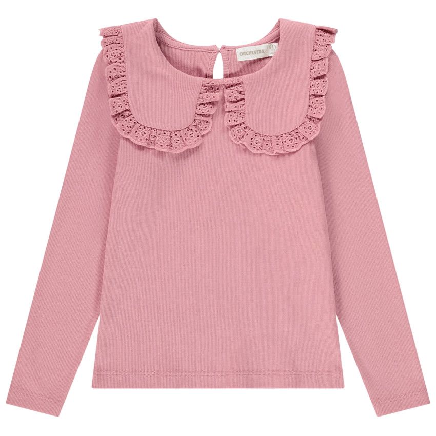 T-shirt manches longues côtelé à col brodé pour fille - Multicolore