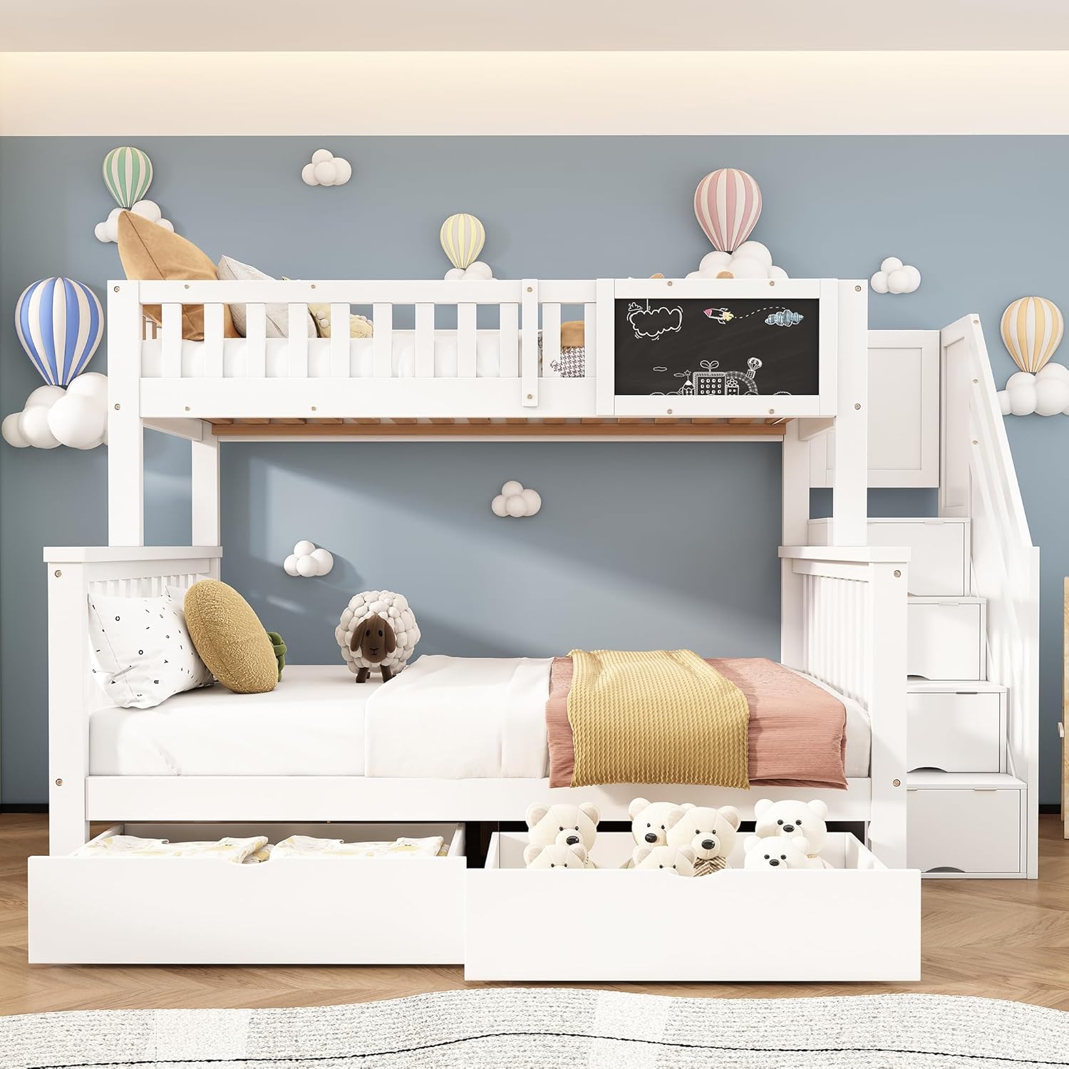 Etagenbett mit Tafel und 2 Schubladen fur 3 Kinder, Kinder Bett 90×200 & 140×200 mit Stauraum Treppe, Hochglanz Kinderbetten Funktionsbett Etagenbett Stockbett Kinderhochbett Jugendhochbett, Weiß
