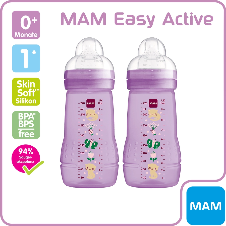 MAM Babyflasche Easy Active™ 270 ml, Katze Schmetterling im Doppelpack