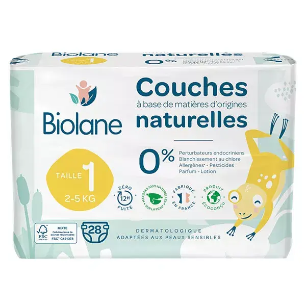 Biolane - Fraldas Naturais Tamanho 1 - Ultra-absorventes, à prova de vazamentos - Pacote com 28 unidades