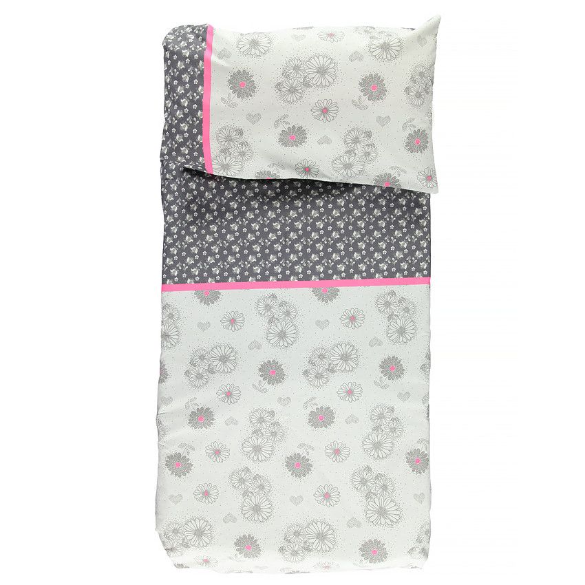 Housse de couette et taie d'oreiller junior motif fleurs 140 x 200 cm - Blanc et rose