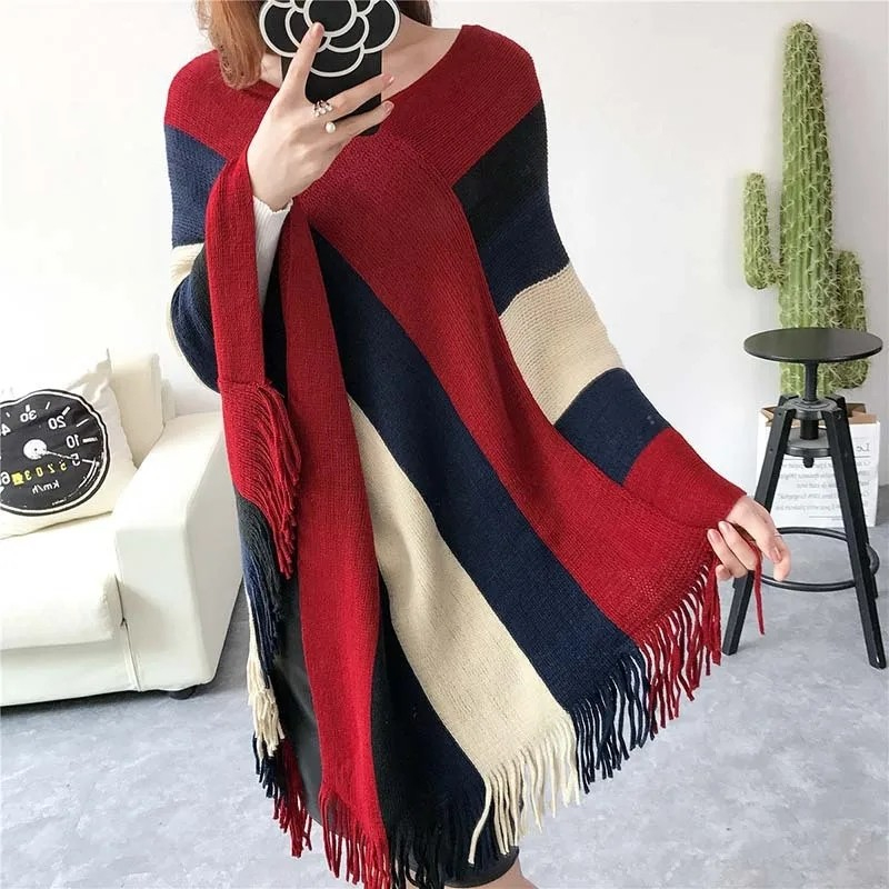 Damen Strick Poncho Fashion Schulter Tuch Cape mit Fransen (One Size) - Rot / Schwarz