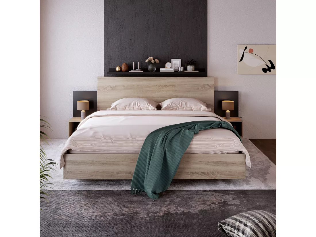 Lit double en bois Ensemble lit 160x200 cm avec 2 chevets Lit moderne incl. 2 tables de nuit Chambre à coucher complète-205.5x235x76.5 cm(P/L/H) Set en chêne Sonoma/gris foncé