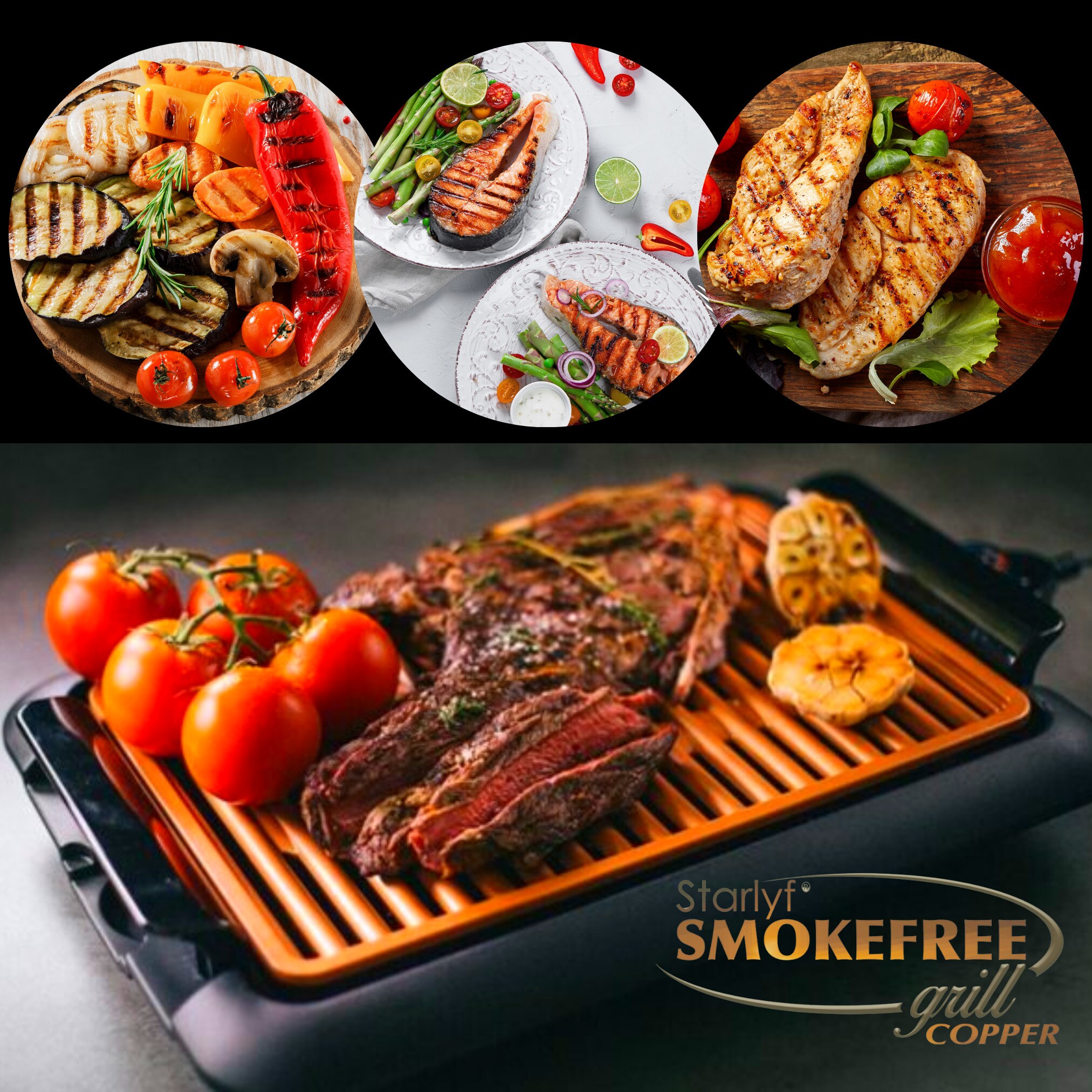 Starlyf® elektrischer Tischgrill - Elektrogrill - regelbares Thermostat Smokefree Copper Grill
