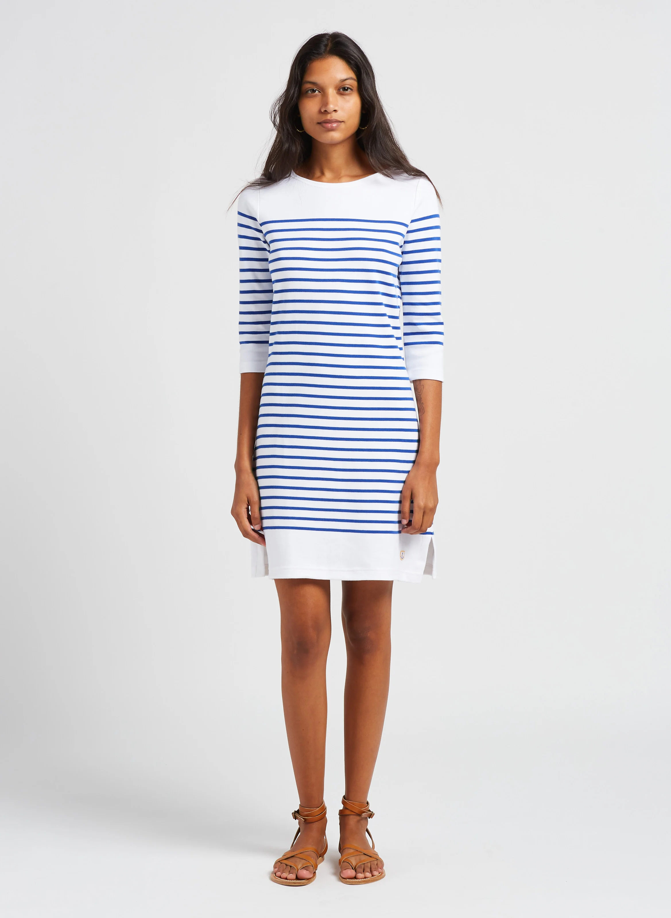 Robe col rond en coton rayé | Blanc