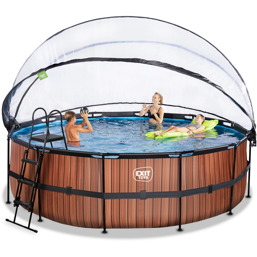 EXIT Wood Pool ø450x122cm mit Abdeckung, Sandfilter- und Wärmepumpe,  braun
