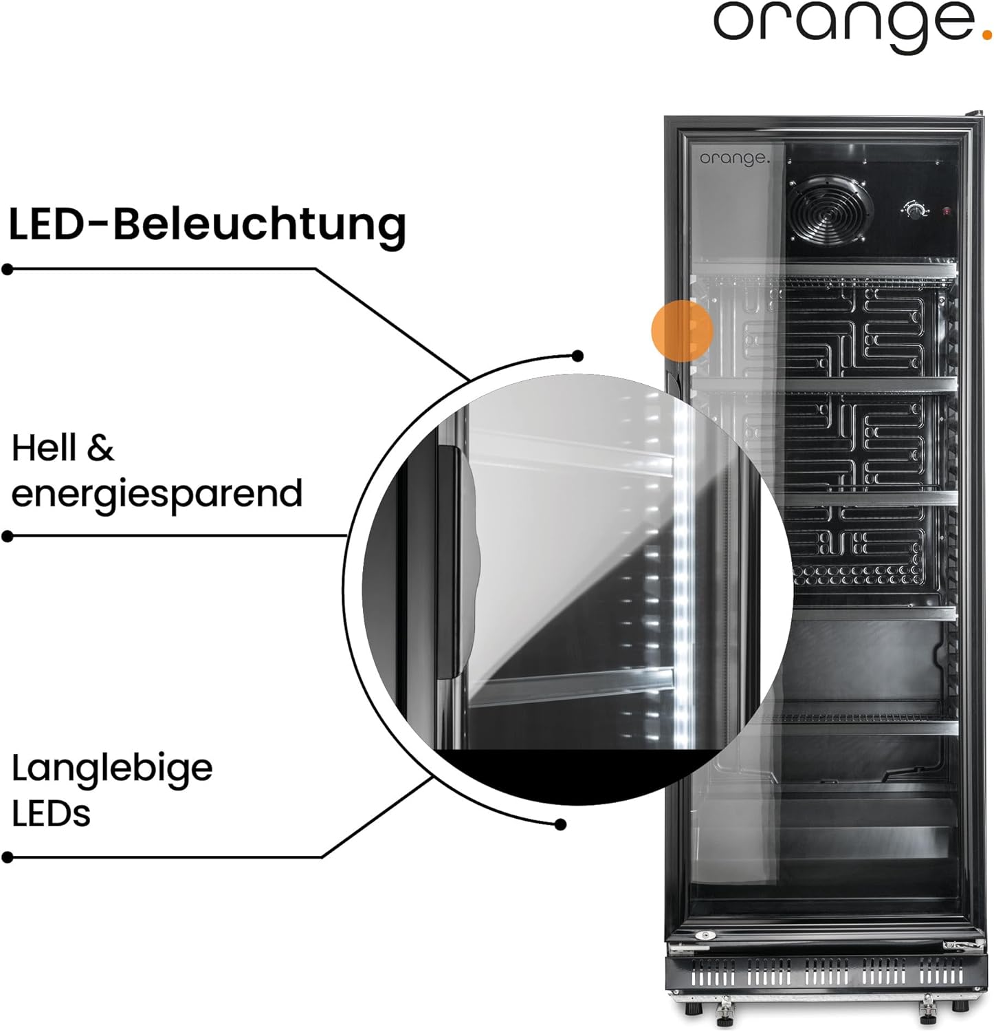 orange . Getränkekühlschrank 230L schwarz mit Glastür, abschließbar, LED-Beleuchtung, 4 Roste, 0-10°C, Gastro Flaschenkühlschrank 530x635x1442mm