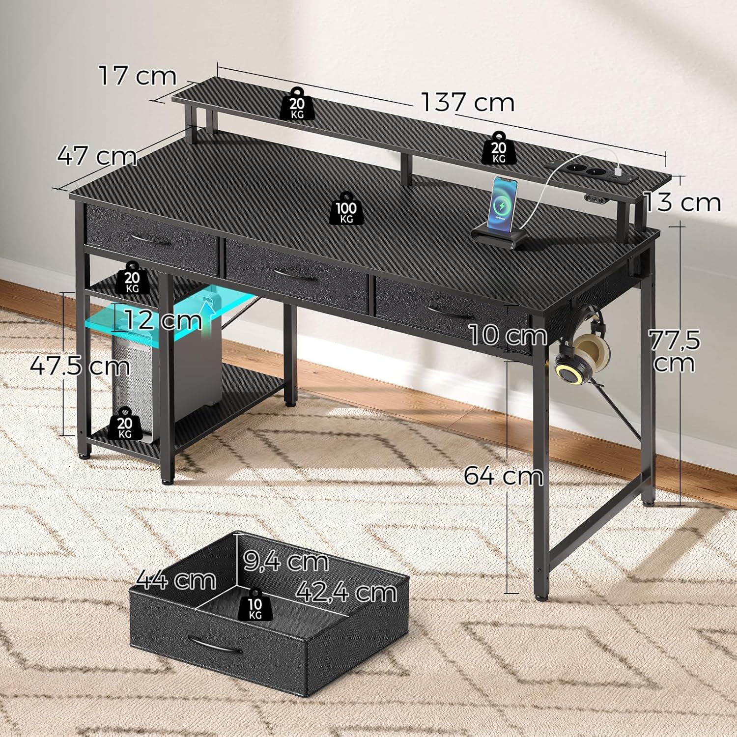 Rolanstar Schreibtisch mit Schubladen, Computertisch mit Steckdosen & LED, Gaming Tisch mit Monitorständer, Regal & 2 Haken, Gaming Schreibtisch für Büro, Wohnzimmer(Schwarz, 137x47x90,5cm)