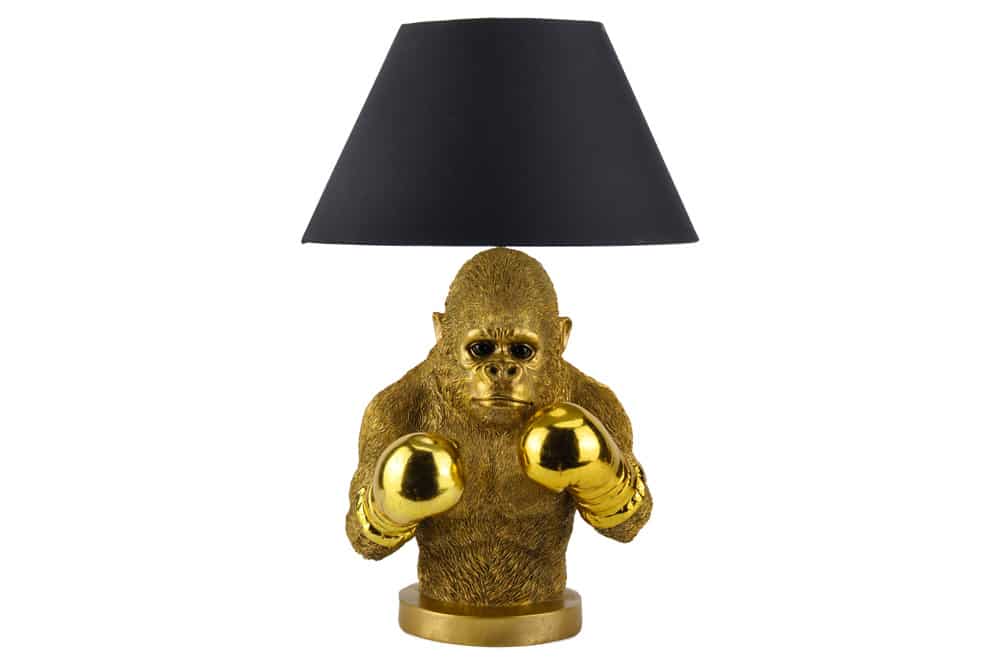 Handgefertigte Tischlampe KING APE 55cm schwarz gold Stoffschirm Affen-Skulptur