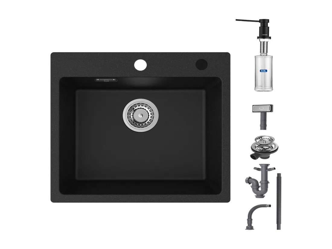 Cecipa max Evier Quartz et Résine + Distributeur de Savon, 50x45cm Evier à Encastrer 1 Vasque, Noir Evier 1 Bac Evier de Cuisine en Granit