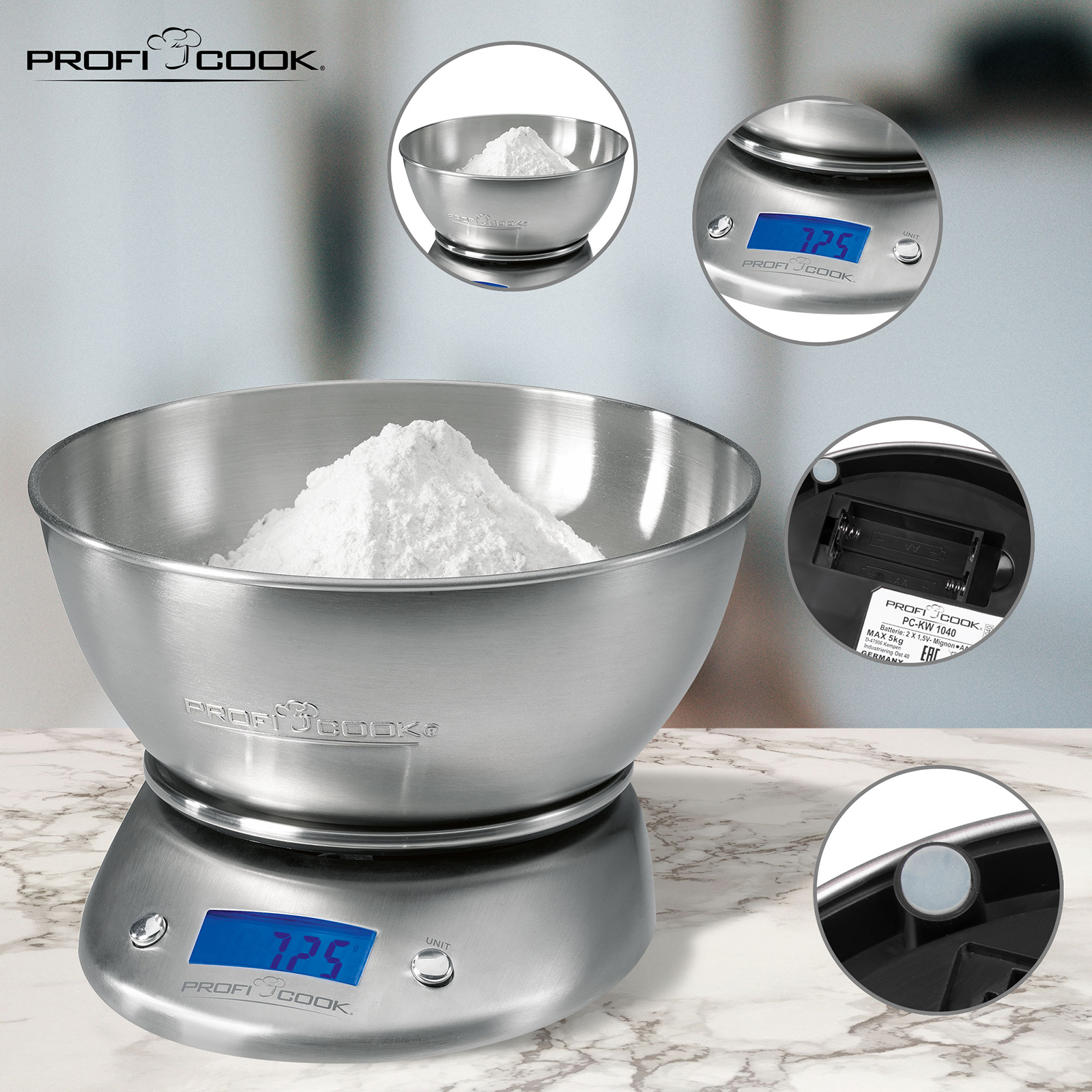 PROFICOOK LCD-Küchenwaage - Edelstahl - bis 5 Kilogramm