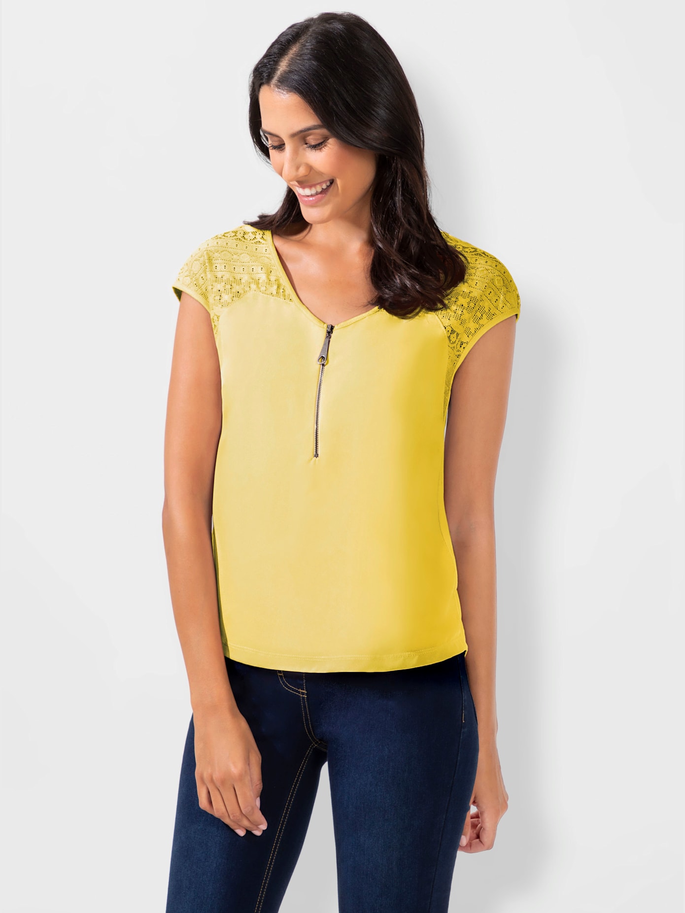 T-shirt col v à glissière épaules en dentelle